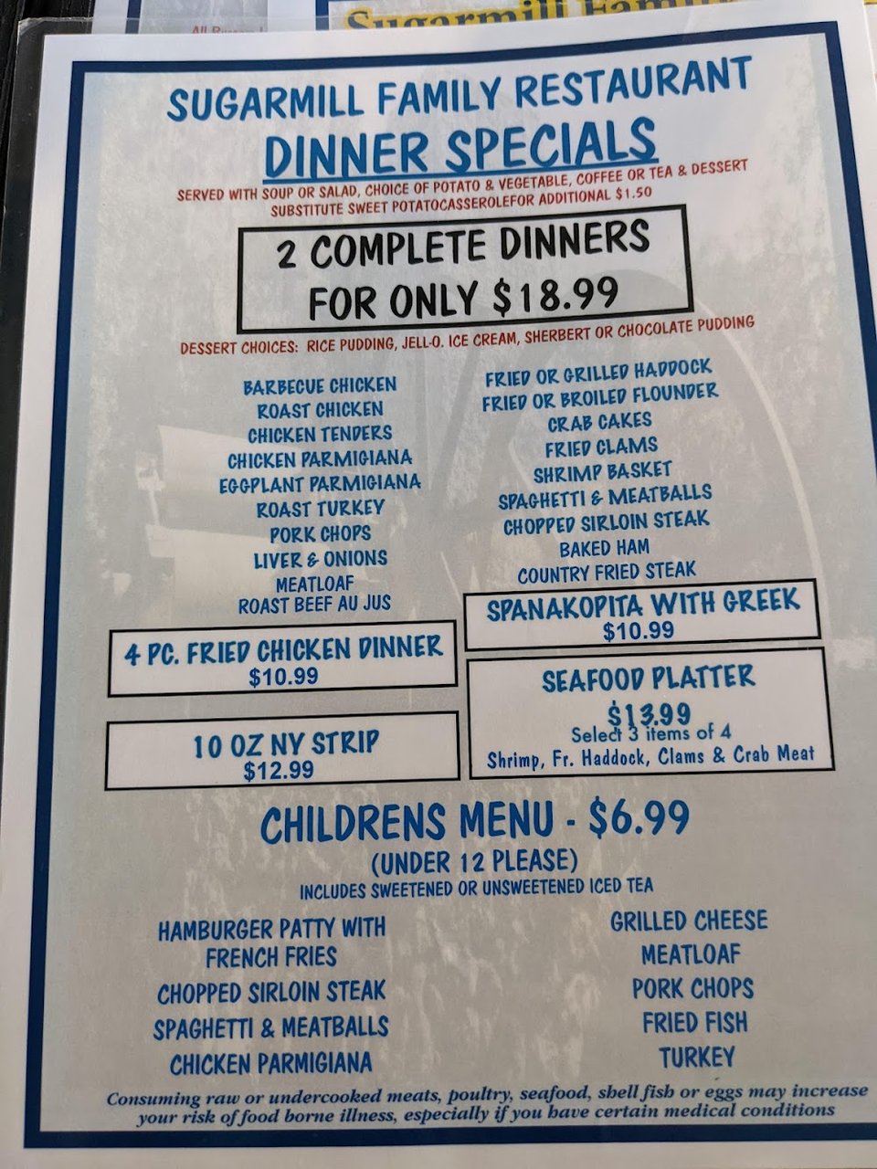 Printed menu showing breakfast and lunch choices.